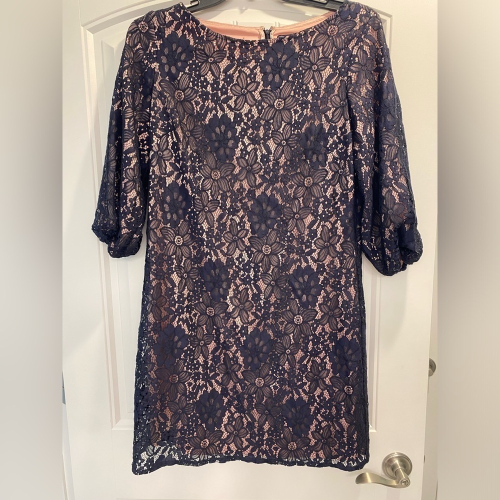 Beautiful jessica Howard Navy Blue and pink Lace Shift Dress size 14